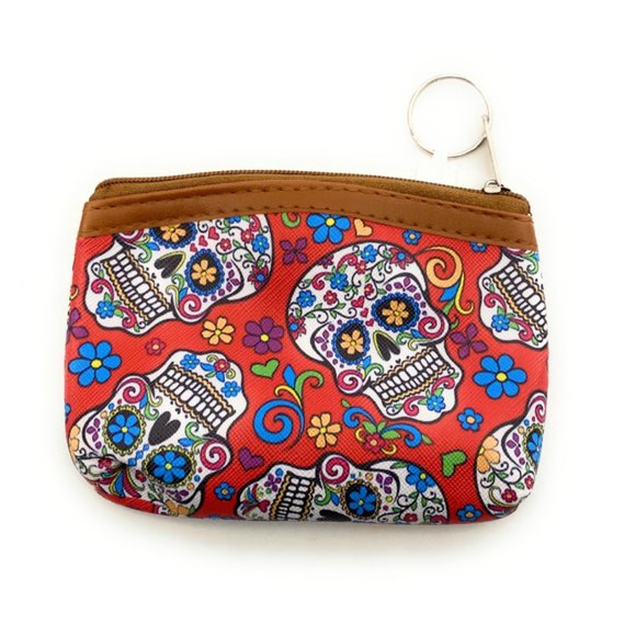 5" Red Sugar Skull Theme Zipper Coin Purse Wallet w/ Key Ring - Picture 1 of 1